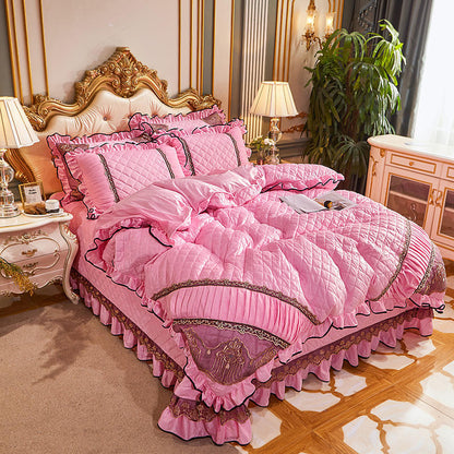 Blanket European Style Lace Warm Milk Velvet Four-piece Coral Velvet