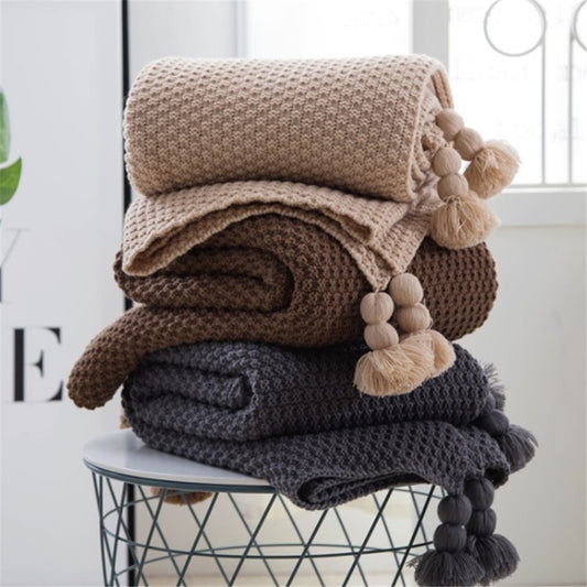 Nordic fringed knit ball blanket wool blanket office air conditioning lunch break blanket shawl blanket sofa leisure blanket